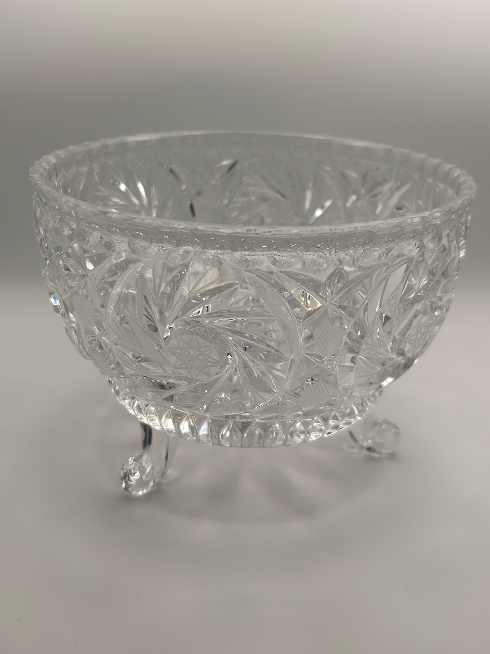 Vintage Cut Crystal Footed Bowl | Hand Cut Floral Starburst Crystal | Three Foot